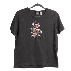 Erika Floral Beaded TShirt M Women Y2K Black Red Embroidered Short Sleeve Cotton